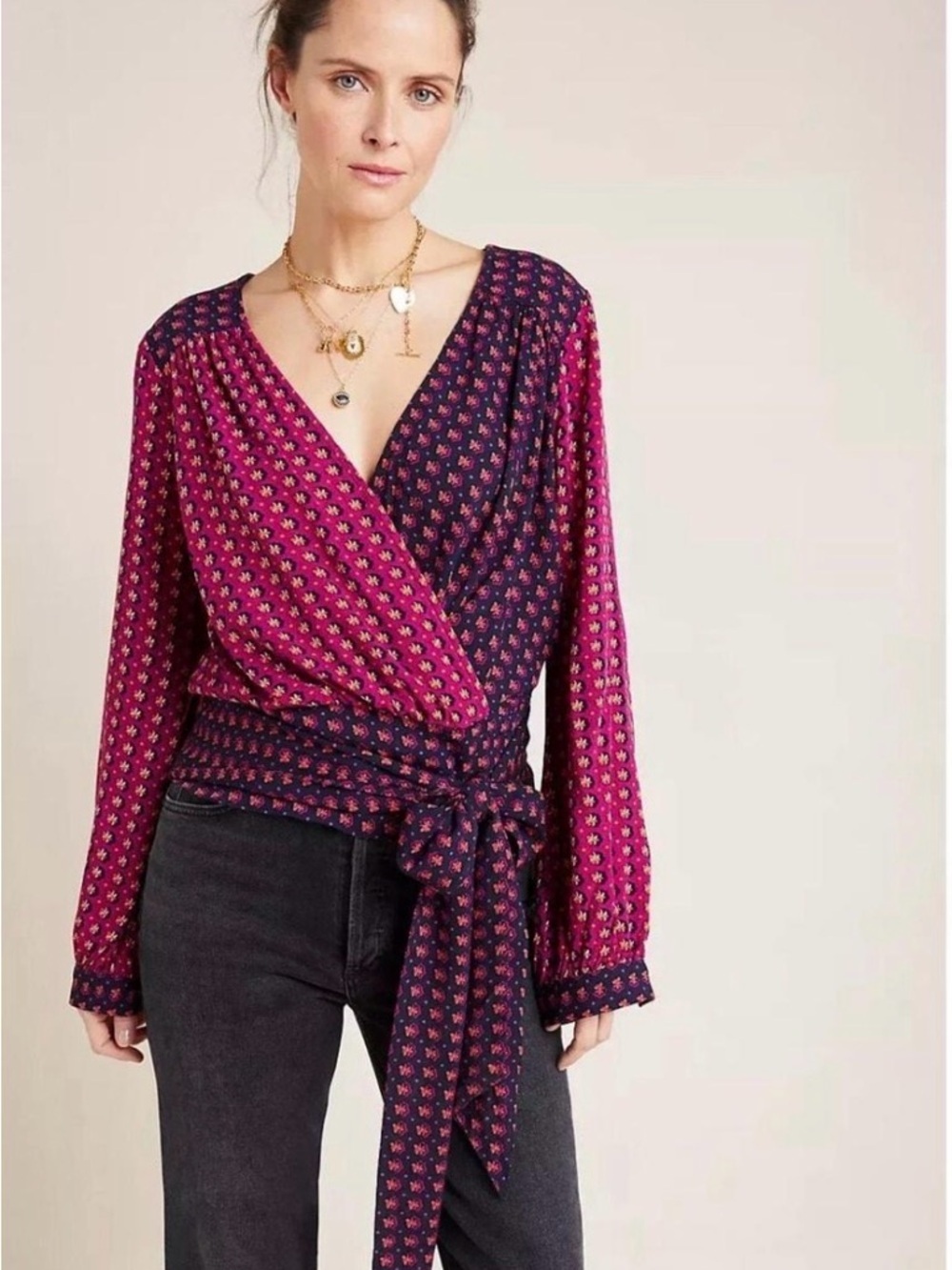 Anthropologie Maeve Lisa Puff Sleeve Faux Wrap Blouse